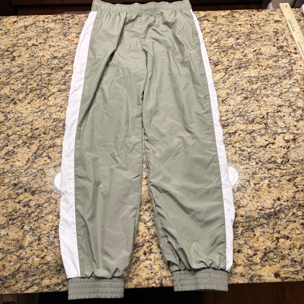 Nike Mens Track Pants Olive Green White Side Stripe Mesh Lined Joggers Size M v